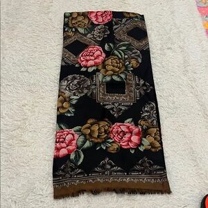 Lord & Taylor Black Scarf with Floral Trim